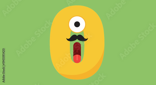 Fun Yellow Zero Character with Mustache and Smiling Face