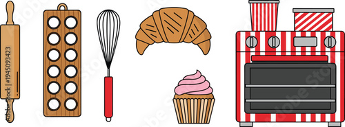 Bakery Baking Tools Vector Set With Oven Croissant Cupcake Whisk Rolling Pin Muffin Tray Kitchen Equipment Illustration