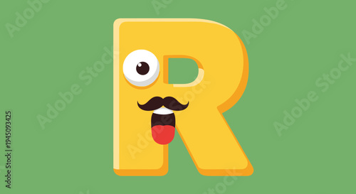 Fun Yellow Letter R Character with a Mustache on Green