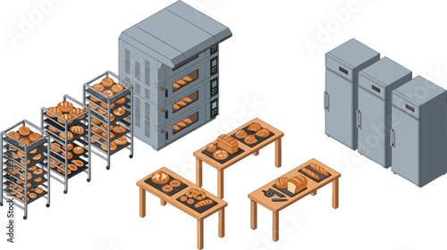 Bakery Kitchen Equipment Vector Set With Bread Oven Cooling Racks Refrigerators Tables Pastry Production Bakery Interior Illustration