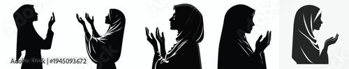half body vector silhouette of a Muslim woman a prayer gesture with raised hand side view