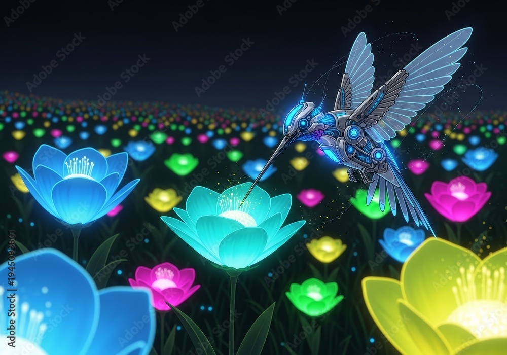 Fototapeta premium Robotic hummingbird pollinating glowing neon flower in dark magical garden. Futuristic mechanical bird with cybernetic wings. Artificial intelligence in nature concept. Digital fantasy.