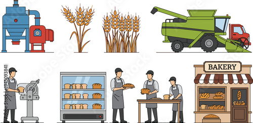 Bread Production Process Vector Illustration Wheat Harvest Milling Machine Baking Bakers Bakery Shop Agricultural Food Industry Workflow Collection