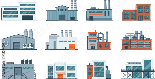 Industrial Factory Buildings Vector Set Manufacturing Plants Warehouses Power Stations Modern Industry Architecture Collection Production Facilities Illustration