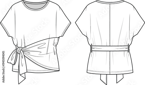 Women, wrap, blouse, short, sleeve, tie, waist, fashion, illustration, front, back, view, casual, stylish, clothing, apparel, design, garment, top, vector