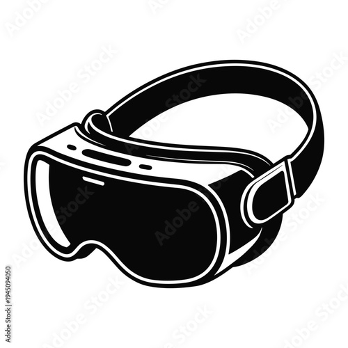 Stylized black and white graphic illustration of a virtual reality headset with a head strap