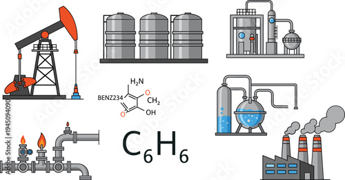 Oil Petroleum Industry Vector Set With Pumpjack Storage Tanks Chemical Plant Pipeline System Factory Chimneys Energy Production Illustration
