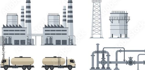 Oil Refinery Industrial Factory Vector Set With Chimneys Storage Tanks Pipeline System Fuel Tanker Truck Petroleum Industry Infrastructure Illustration