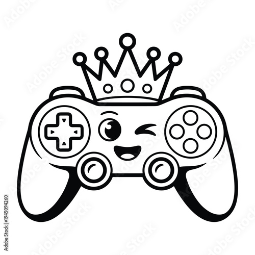 Whimsical cartoon video game controller character wearing a royal crown and winking with a happy expression