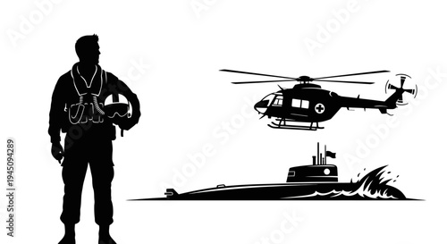 Pilot Silhouette, Helicopter, and Submarine - Military and Transport Icons