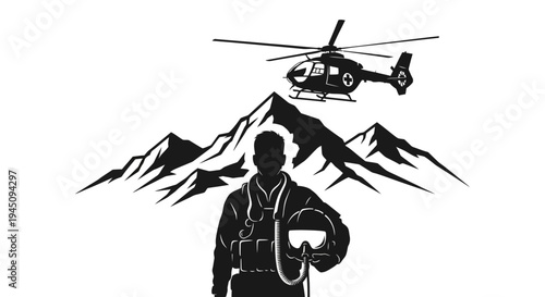 Pilot with Helicopter and Mountains Silhouette