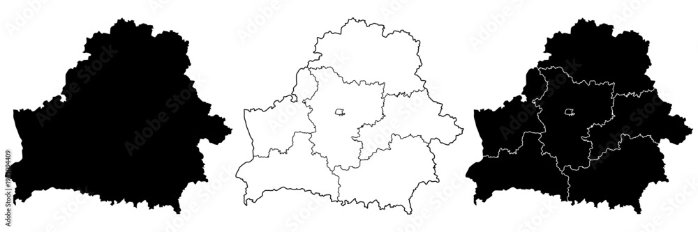 Obraz premium Belarus map isolated on white background. Belarus country map. Low detailed. Solid simple style. Belarus map silhouette linear and black illustration. Black and white. Vector editable