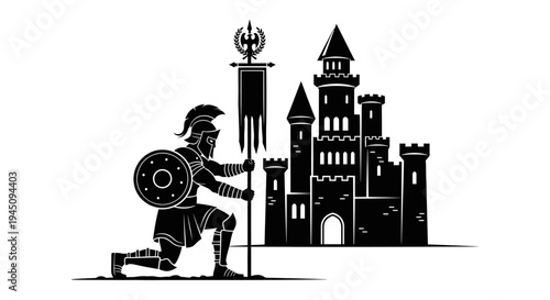 Roman Soldier Guarding Castle Fortress with Banner and Shield, Black and White Silhouette
