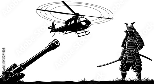 Samurai Warrior Faces Helicopter and Cannon in Surreal Battle Scene