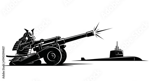 Samurai Warrior Fires Cannon at Submarine - Historical Warfare Concept