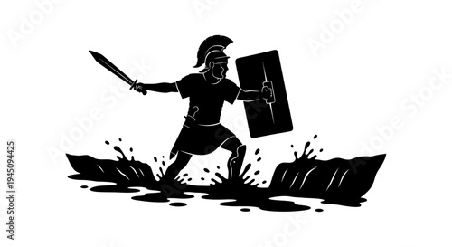 Roman Soldier Warrior Charging Through Water with Sword and Shield