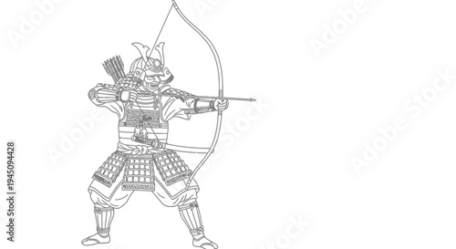Samurai Archer in Traditional Armor Aiming Bow and Arrow, Historical Japanese Warrior