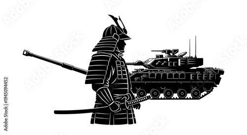 Samurai Warrior with Katana and Modern Tank, Fusion of Past and Future Warfare
