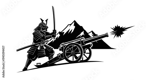 Samurai Warrior Firing Cannon with Mountain Background