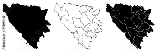 Bosnia map isolated on white background. Bosnia country map. Low detailed. Solid simple style. Bosnia map silhouette linear and black illustration. Black and white. Vector editable