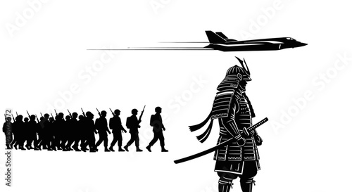 Samurai Warrior Facing Modern Military Jet and Soldiers: Past Meets Future