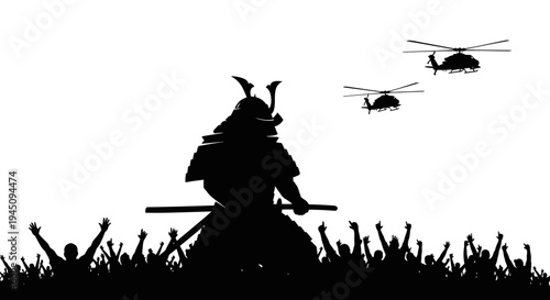Samurai Warrior Silhouette with Helicopters and Crowd, Historical vs Modern Conflict Concept