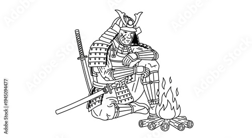 Samurai Warrior Resting by Campfire, Japanese Warrior in Armor, Traditional Warrior, Historical Figure, Solitude