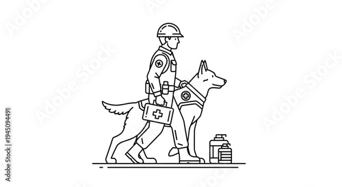 Search and Rescue Team: Rescuer with Dog and Medical Kit
