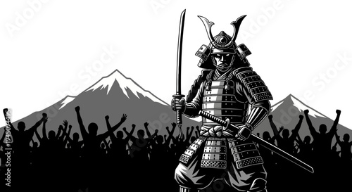 Samurai Warrior with Swords and Mountains Background, Japanese Culture