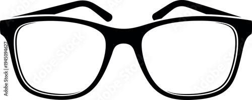 A pair of black plastic eyeglasses with clear lenses on a white background