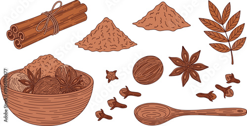 Spices and Seasonings Hand Drawn Vector Set Cinnamon Powder Nutmeg Star Anise Clove Bay Leaf Wooden Spoon Bowl