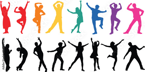 Colorful And Black Silhouettes Of People Dancing In Various Poses Keywords: people, silhouette, dancing, movement, pose, figure
