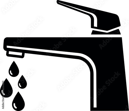 A black and white icon of a dripping faucet with water droplets