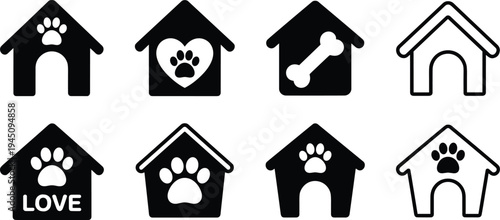 Dog House Icons Paw Print Bone Heart Love Symbols Collection animal kennel