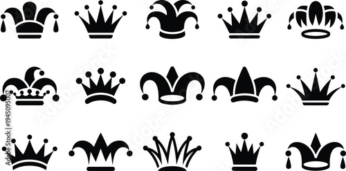 Fifteen Black Silhouettes of Crowns and Jester Hats on White Background Keywords: crown, jester hat, royalty, king, queen