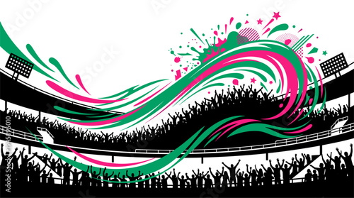Dynamic stadium crowd cheering with colorful abstract waves and splashes vector illustration