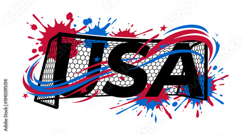 Dynamic USA text with soccer goal and patriotic red blue splashes vector illustration