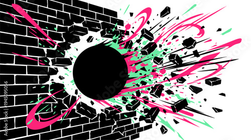 Exploding black brick wall with colorful paint splashes and circular void vector illustration