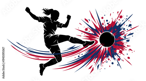 Female soccer player kicking ball with red blue splash effects vector illustration