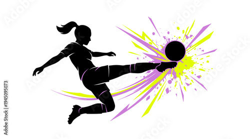 Female soccer player silhouette kicking ball with dynamic colorful splash vector illustration