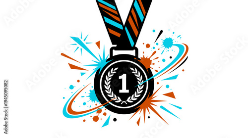 First place winner medal icon with dynamic orange and cyan splashes vector illustration