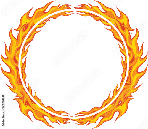 Circular fire flame frame ring blazing burning border element vector illustration isolated on white background for logo badge design