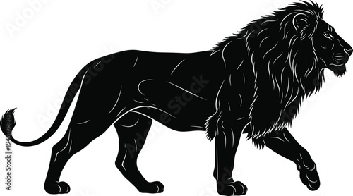 Black walking lion silhouette icon featuring a majestic wild animal predator in profile view for nature wildlife or powerful branding design.Black walking lion silhouette icon featuring a majestic wil