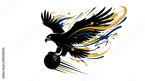 Powerful black eagle flying with sphere and abstract gold splashes isolated on white background illustration