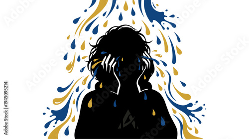 Sad woman silhouette crying with blue and gold teardrops flat vector illustration