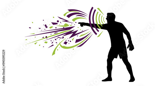 Shouting man silhouette pointing with abstract sound waves and geometric shards vector illustration