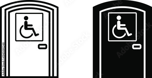 Icon Set Of Accessible Restroom Door With Wheelchair Symbol In Black And White vector illustration