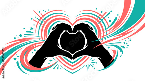 Silhouette hands forming heart shape with vibrant colorful swirls vector illustration