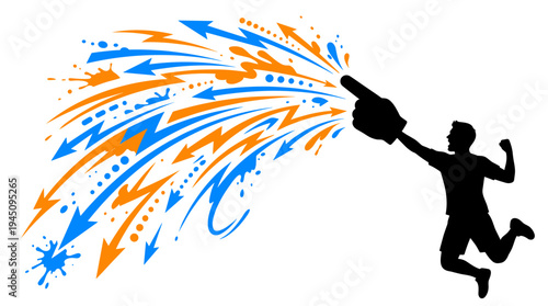 Silhouette of cheering sports fan jumping with foam finger and dynamic arrows vector illustration