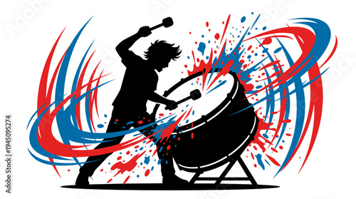 Silhouette of energetic drummer playing large drum with colorful paint splashes vector illustration